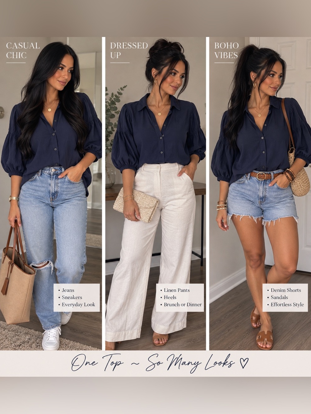WANDERSON Navy Blue Boho Puff Sleeve Button-Down Top